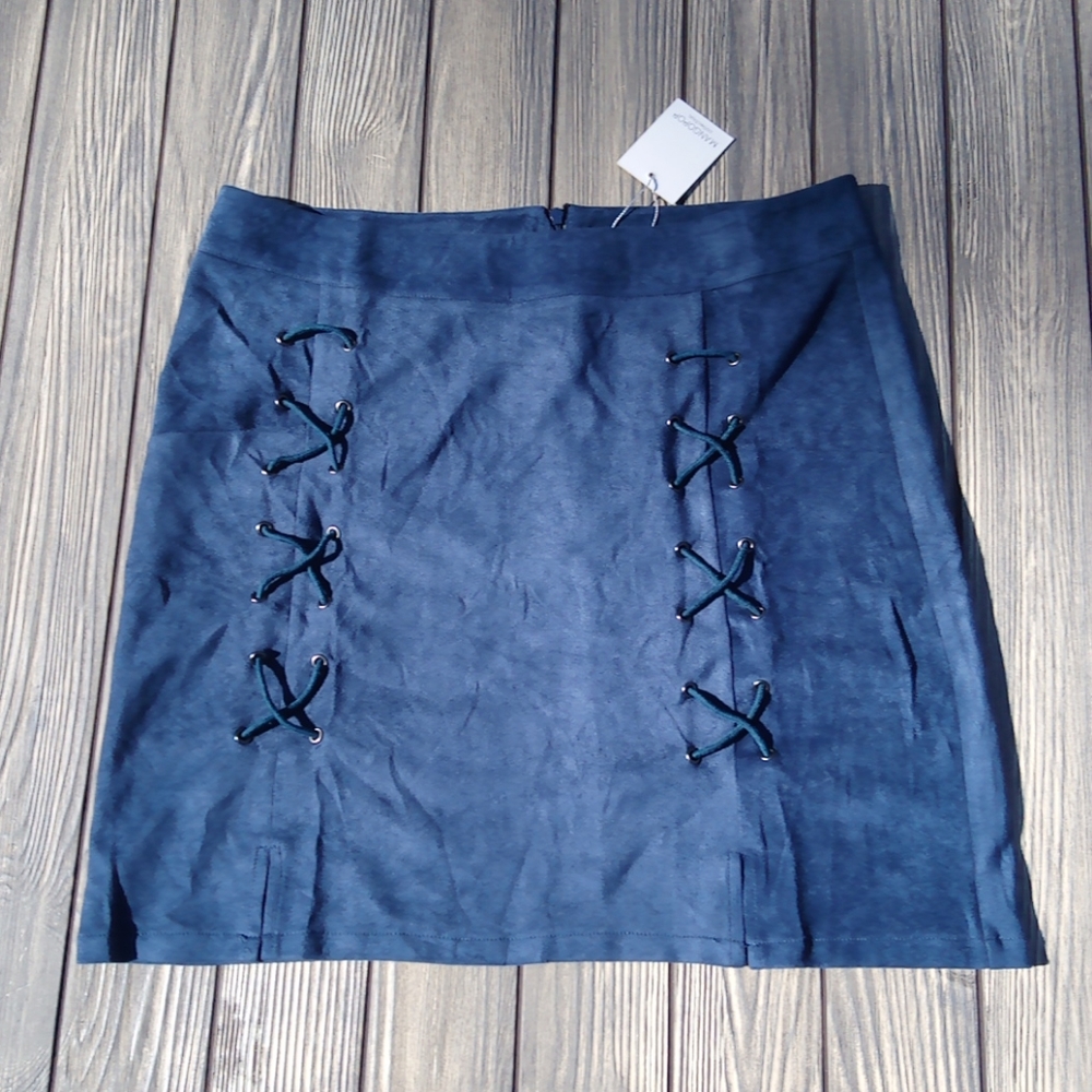 New Blue Suede Tie Detail Fitted Mini Skirt